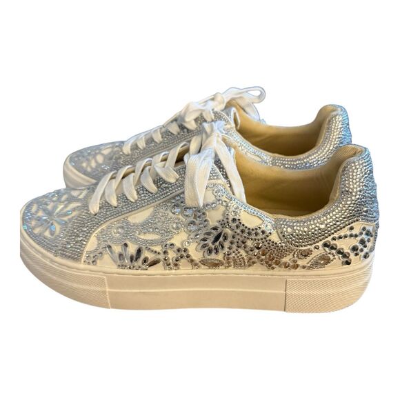 Betsey Johnson Rhinestone Sneakers Women Shoes Sz 9 Lenon White Silver Sparkle - Picture 4 of 12